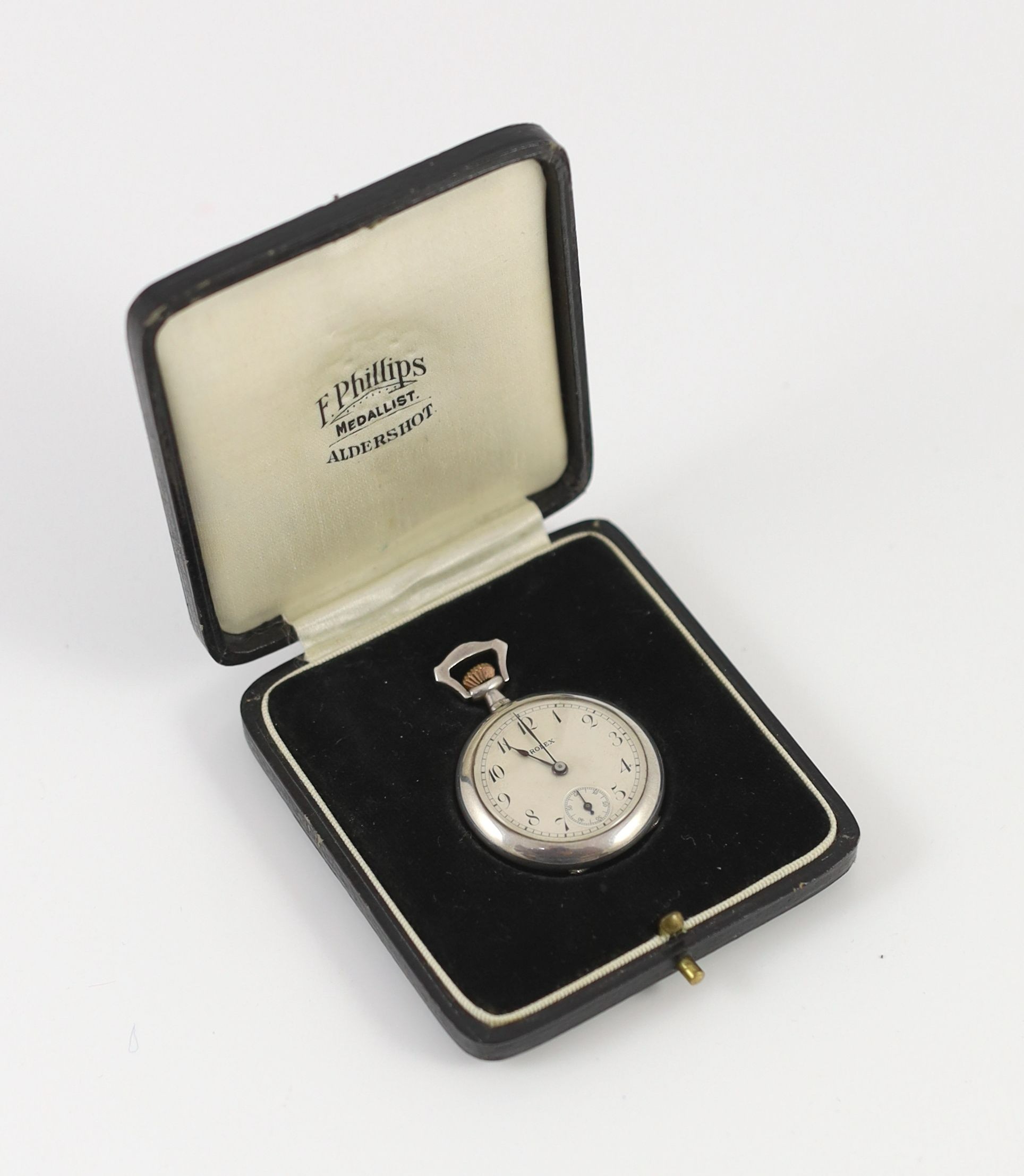 An early 20th century Rolex 935 silver, blue enamel and paste set keyless open face fob watch
